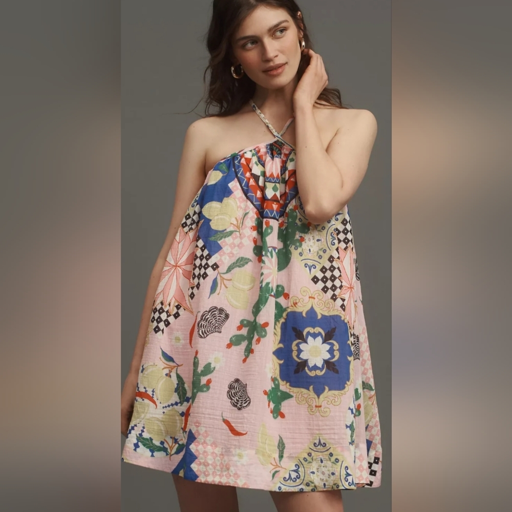 Maeve Printed Halterneck Swing Mini Dress XL Tugboat Printshop Colorful Vibrant
